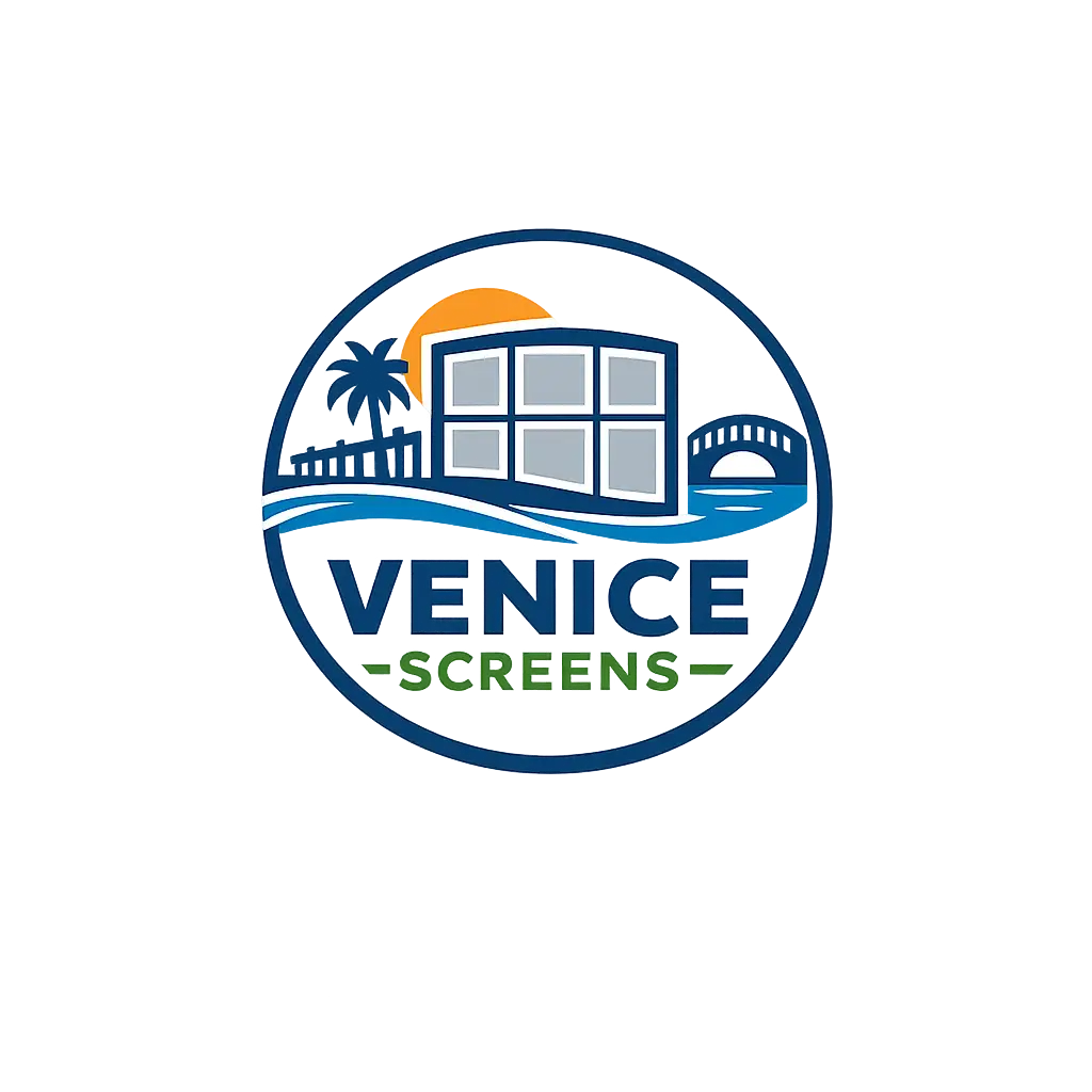 Venice Screens logo featuring a screened enclosure graphic with palm tree, bridge, sun, and wave elements in Venice, FL